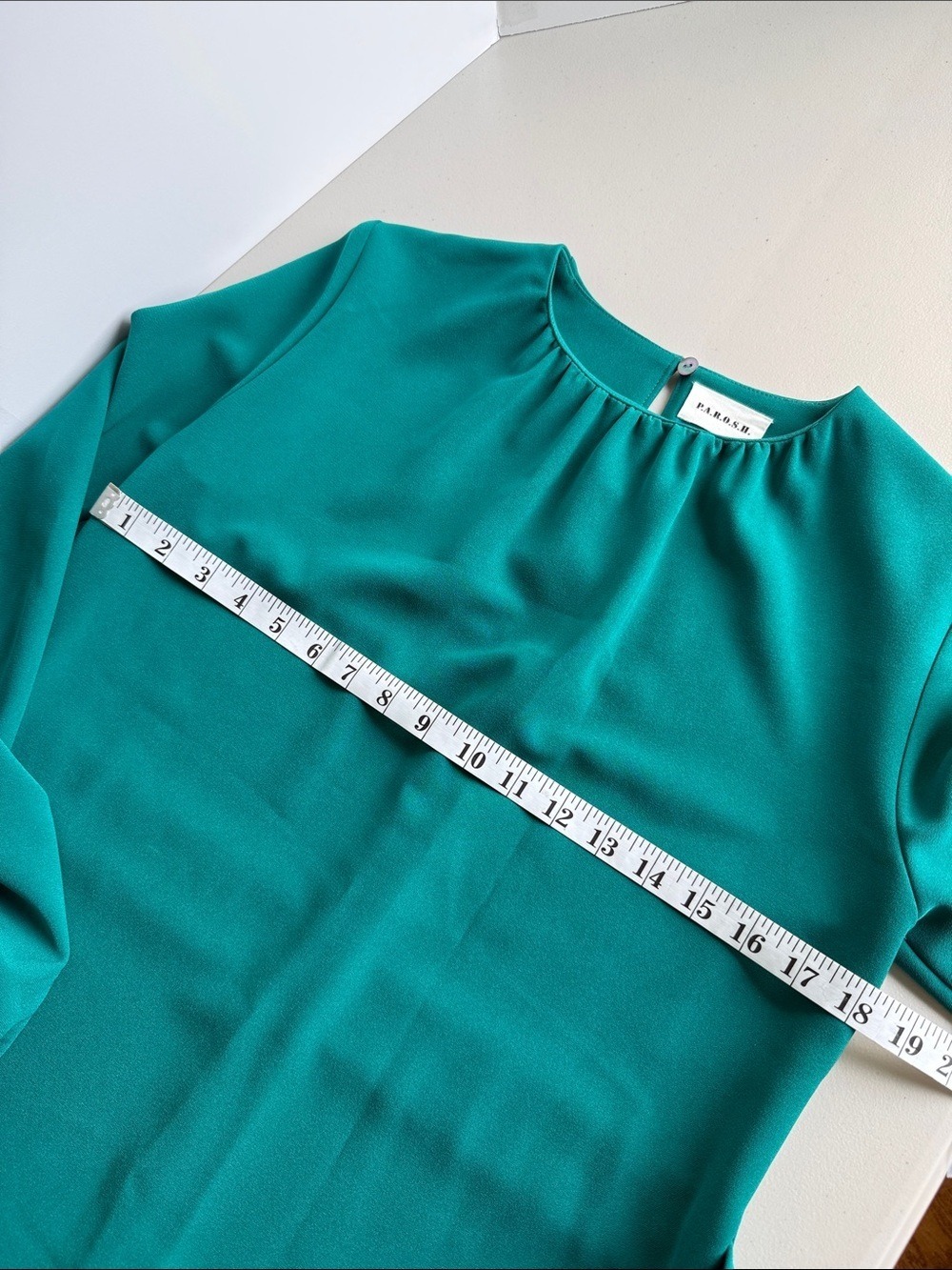 P.A.R.O.S.H. Italian Designer Gathered Tie-Waist Blouse Emerald Teal Green Sz S - Picture 13 of 17